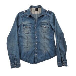 Passport Medium Wash Denim Shirt Women's Medium Pearl Snap Buttons EUC Western